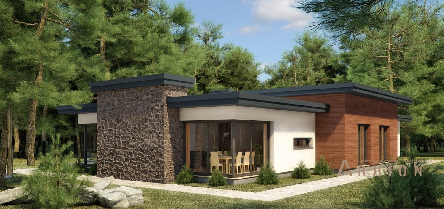 3. Проект одноэтажного дома в стиле лофт с плоской кровлей , 112-240, площадью - 239 кв c сауной, терассой, гаражом